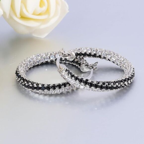 14K White Gold 925 Silver Black Onyx and Diamond Cubic Zirconia Hoop Earrings - Picture 4 of 6